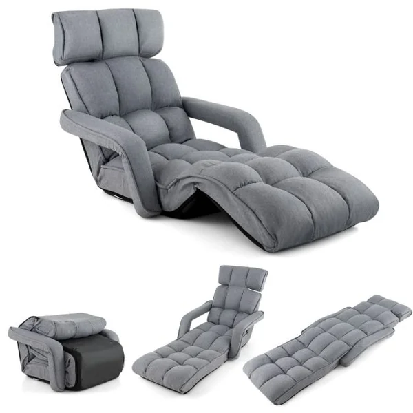 Fauteuil Relax pour Salon Chaise de Sol Méridienne Dossier Réglable à 5 Angles avec Appui-tête et Repose-pieds Gris
