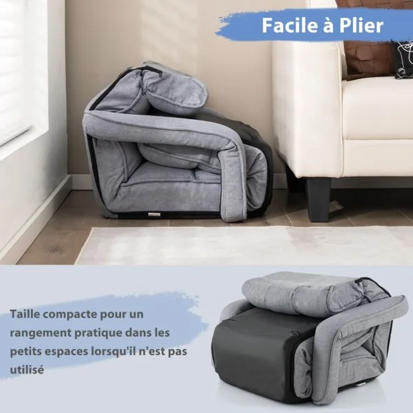 Fauteuil Relax pour Salon Chaise de Sol Méridienne Dossier Réglable à 5 Angles avec Appui-tête et Repose-pieds Gris