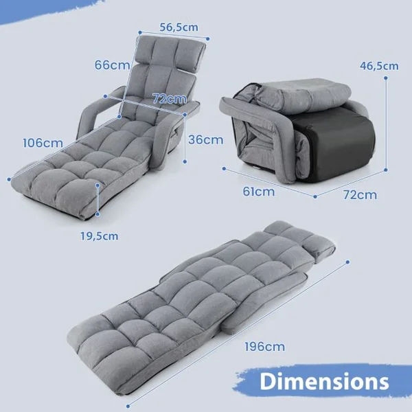 Fauteuil Relax pour Salon Chaise de Sol Méridienne Dossier Réglable à 5 Angles avec Appui-tête et Repose-pieds Gris
