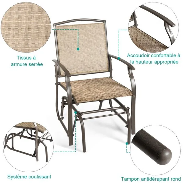 Fauteuil à Bascule Chaise à Bascule pour Jardin en Textilène Cadre en Acier Charge Max.150KG