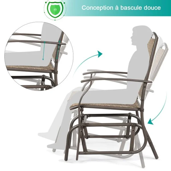 Fauteuil à Bascule Chaise à Bascule pour Jardin en Textilène Cadre en Acier Charge Max.150KG