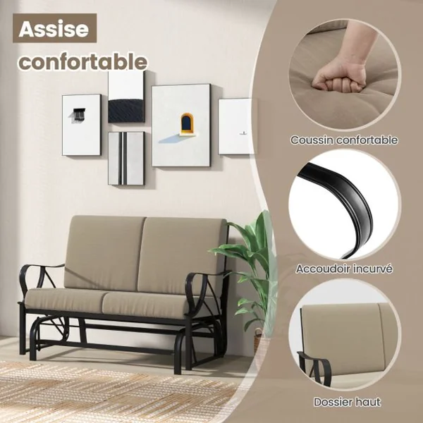 Fauteuil à Bascule de Jardin 2 Places avec 4 Coussin Doux Charge 300KG Chaise à Bascule d’Extérieur avec Accoudoirs Incurvés