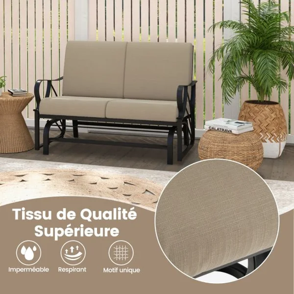Fauteuil à Bascule de Jardin 2 Places avec 4 Coussin Doux Charge 300KG Chaise à Bascule d’Extérieur avec Accoudoirs Incurvés