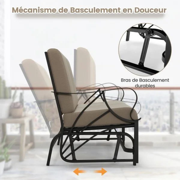 Fauteuil à Bascule de Jardin 2 Places avec 4 Coussin Doux Charge 300KG Chaise à Bascule d’Extérieur avec Accoudoirs Incurvés