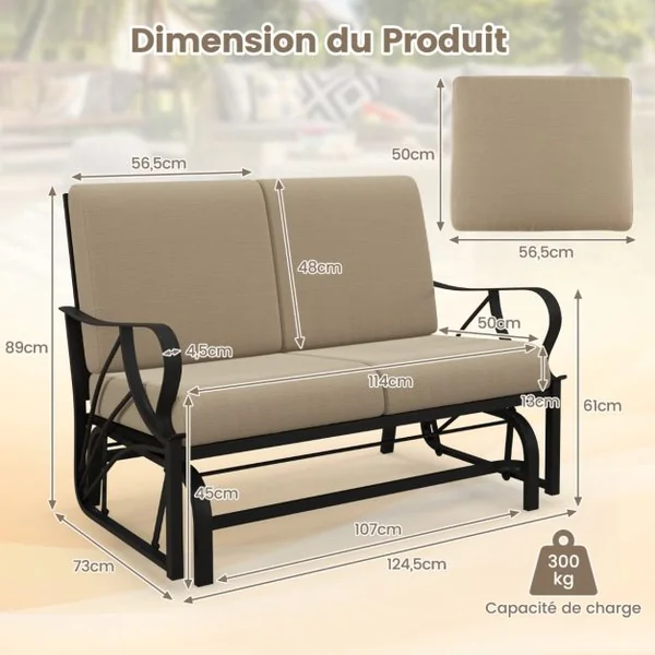 Fauteuil à Bascule de Jardin 2 Places avec 4 Coussin Doux Charge 300KG Chaise à Bascule d’Extérieur avec Accoudoirs Incurvés