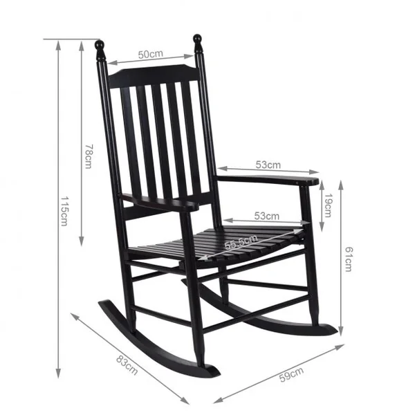 Fauteuil à bascule en bois Fauteuil berçant, Capacité max.150 kg, pour jardin, terrasse, balcon, 59 x 83 x 115 cm, Noir
