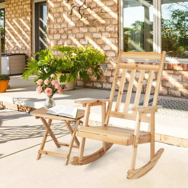 Fauteuil à Bascule en Bois Massif avec Table Pliable Chaise à Bascule Adirondack Étanche avec Accoudoirs pour Terrasse Jardin