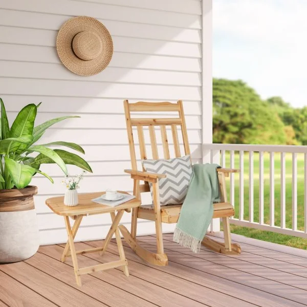 Fauteuil à Bascule en Bois Massif avec Table Pliable Chaise à Bascule Adirondack Étanche avec Accoudoirs pour Terrasse Jardin
