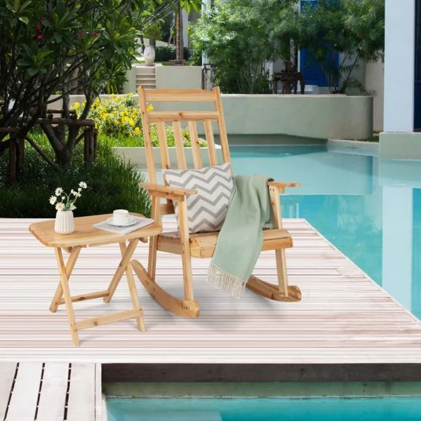 Fauteuil à Bascule en Bois Massif avec Table Pliable Chaise à Bascule Adirondack Étanche avec Accoudoirs pour Terrasse Jardin