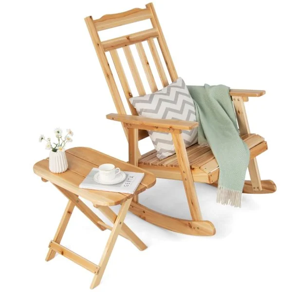 Fauteuil à Bascule en Bois Massif avec Table Pliable Chaise à Bascule Adirondack Étanche avec Accoudoirs pour Terrasse Jardin
