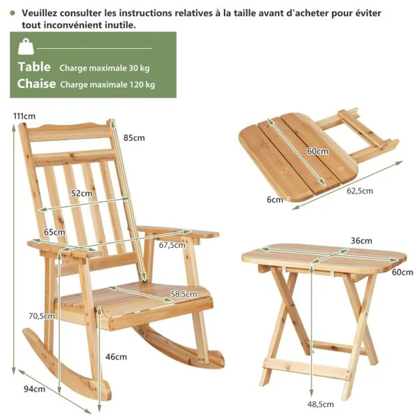 Fauteuil à Bascule en Bois Massif avec Table Pliable Chaise à Bascule Adirondack Étanche avec Accoudoirs pour Terrasse Jardin