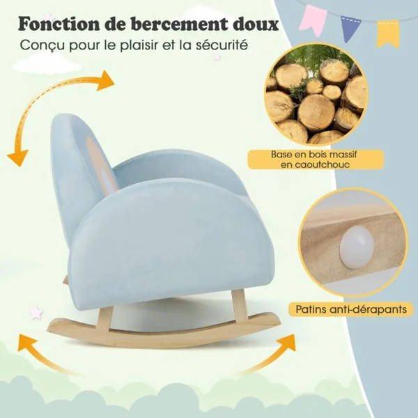 Fauteuil à Bascule Enfants en Peluche Charge 50kg Jolis Cadeaux pour Garçon Fille de 3-5 ans Bleu