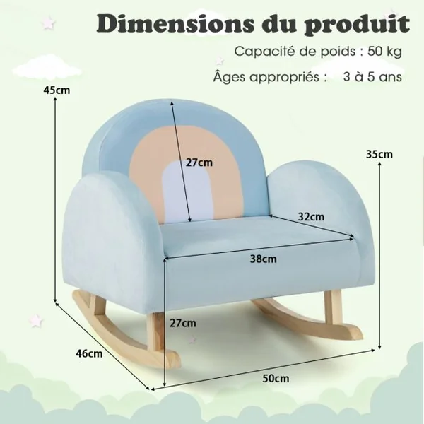 Fauteuil à Bascule Enfants en Peluche Charge 50kg Jolis Cadeaux pour Garçon Fille de 3-5 ans Bleu