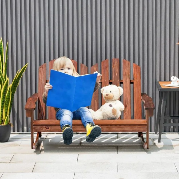 Fauteuil à Bascule Jardin en Bois de Sapin 2 Places pour Enfants de 3 Ans+ avec Inclinaison 30°Charge 100 kg Café