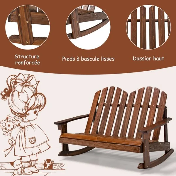 Fauteuil à Bascule Jardin en Bois de Sapin 2 Places pour Enfants de 3 Ans+ avec Inclinaison 30°Charge 100 kg Café