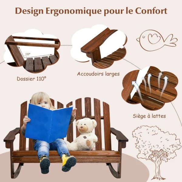 Fauteuil à Bascule Jardin en Bois de Sapin 2 Places pour Enfants de 3 Ans+ avec Inclinaison 30°Charge 100 kg Café
