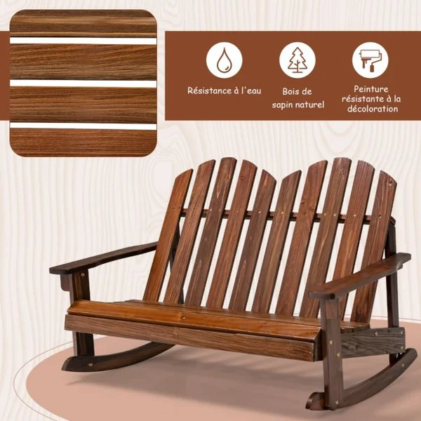Fauteuil à Bascule Jardin en Bois de Sapin 2 Places pour Enfants de 3 Ans+ avec Inclinaison 30°Charge 100 kg Café