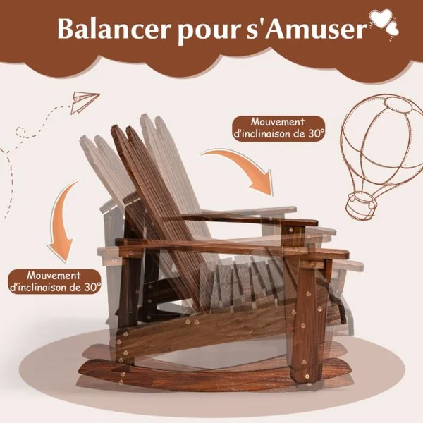 Fauteuil à Bascule Jardin en Bois de Sapin 2 Places pour Enfants de 3 Ans+ avec Inclinaison 30°Charge 100 kg Café