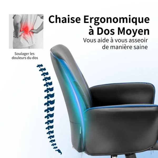 Fauteuil à Bascule Pivotante en Similicuir avec Accoudoir Hauteur Réglable Charge 150kg Bleu