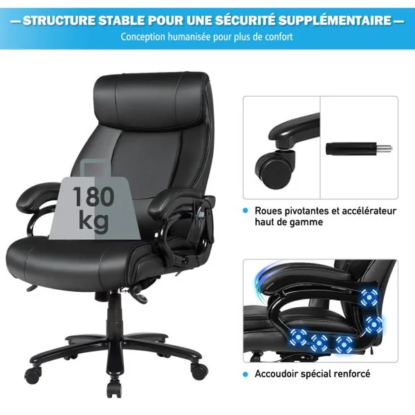 Fauteuil à Bascule Pivotante en Similicuir Ultra Souple Hauteur Réglable Base Robuste Noir Charge 200kg Noir