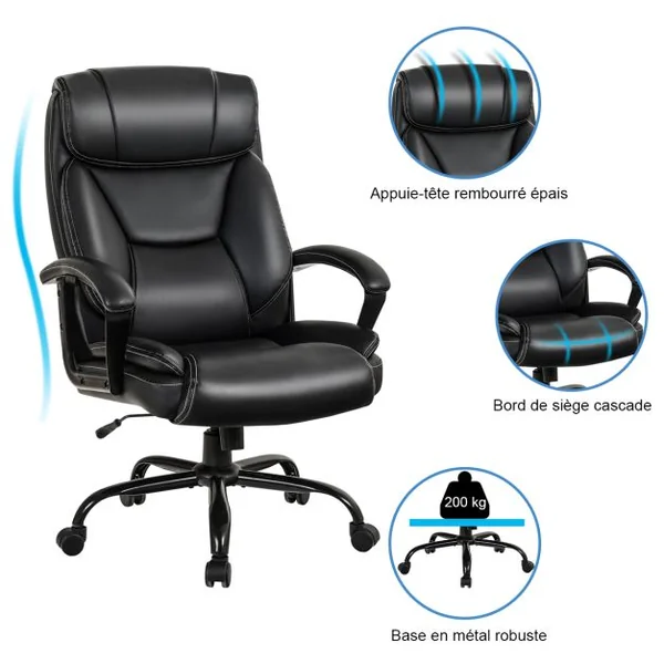 Fauteuil à Bascule Pivotante Ultra Souple en Similicuir Hauteur Réglable Base Robuste Noir Charge 220kg Noir