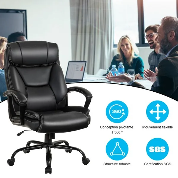 Fauteuil à Bascule Pivotante Ultra Souple en Similicuir Hauteur Réglable Base Robuste Noir Charge 220kg Noir