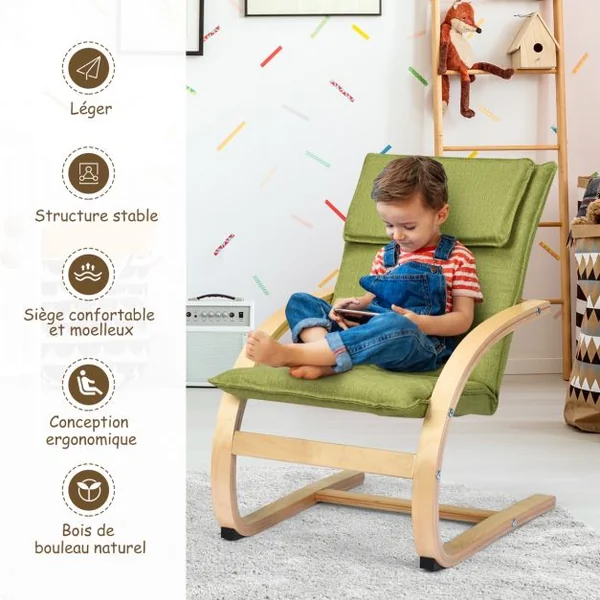 Fauteuil à Bascule pour Enfants Fabriquer en Bois de Bouleau Chaise avec Accoudoirs Solides Siège Rembourré