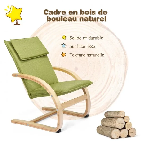 Fauteuil à Bascule pour Enfants Fabriquer en Bois de Bouleau Chaise avec Accoudoirs Solides Siège Rembourré