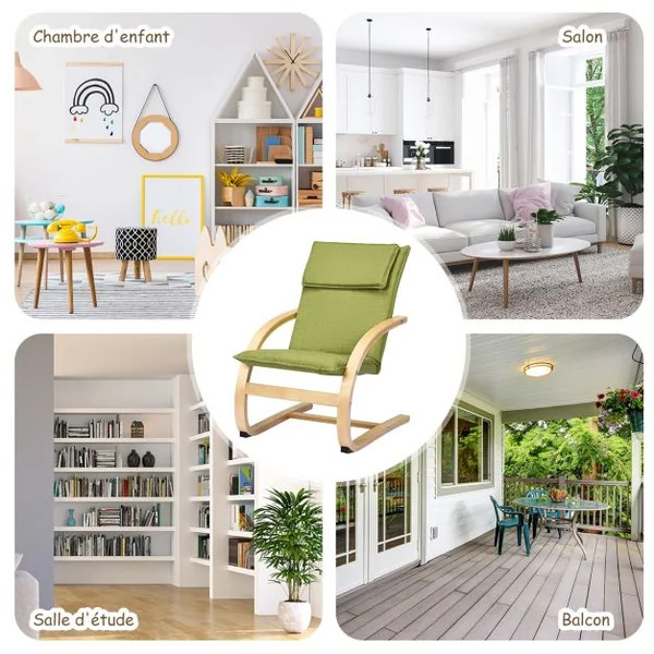 Fauteuil à Bascule pour Enfants Fabriquer en Bois de Bouleau Chaise avec Accoudoirs Solides Siège Rembourré