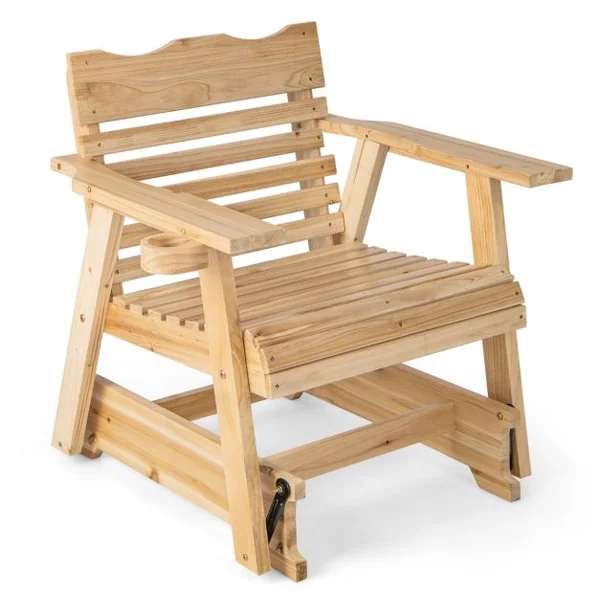 Fauteuil/Chaise à Bascule en Bois de Sapin avec Porte-gobelet Rotatif Accoudoirs Élargis et Siège Incurvé Charge 150kg