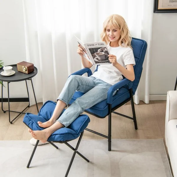 Fauteuils de Salon avec Repose-pieds Chaise d'Appoint Moderne en Tissu de Lin avec Dossier Réglable 5 Niveaux Chaise de Relaxation pour Chambre Salon Bureau Bleu
