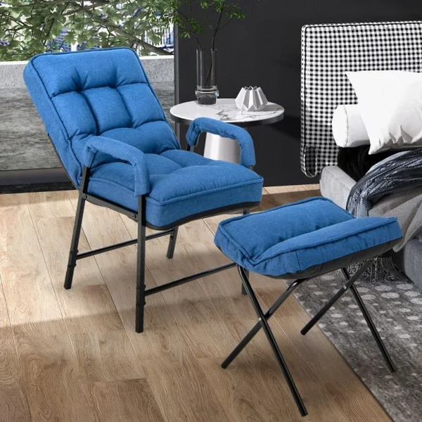 Fauteuils de Salon avec Repose-pieds Chaise d'Appoint Moderne en Tissu de Lin avec Dossier Réglable 5 Niveaux Chaise de Relaxation pour Chambre Salon Bureau Bleu