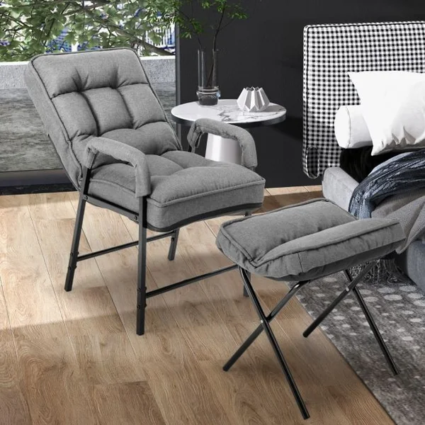 Fauteuils de Salon avec Repose-pieds Chaise d'Appoint Moderne en Tissu de Lin avec Dossier Réglable 5 Niveaux Chaise de Relaxation pour Chambre Salon Bureau Gris