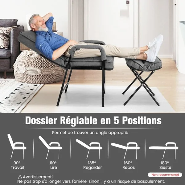 Fauteuils de Salon avec Repose-pieds Chaise d'Appoint Moderne en Tissu de Lin avec Dossier Réglable 5 Niveaux Chaise de Relaxation pour Chambre Salon Bureau Gris