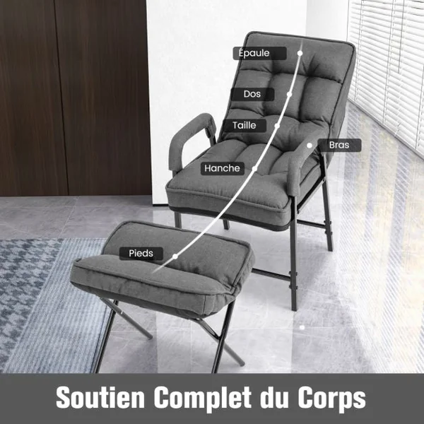 Fauteuils de Salon avec Repose-pieds Chaise d'Appoint Moderne en Tissu de Lin avec Dossier Réglable 5 Niveaux Chaise de Relaxation pour Chambre Salon Bureau Gris