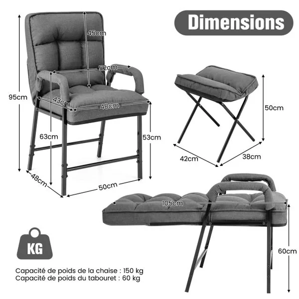 Fauteuils de Salon avec Repose-pieds Chaise d'Appoint Moderne en Tissu de Lin avec Dossier Réglable 5 Niveaux Chaise de Relaxation pour Chambre Salon Bureau Gris