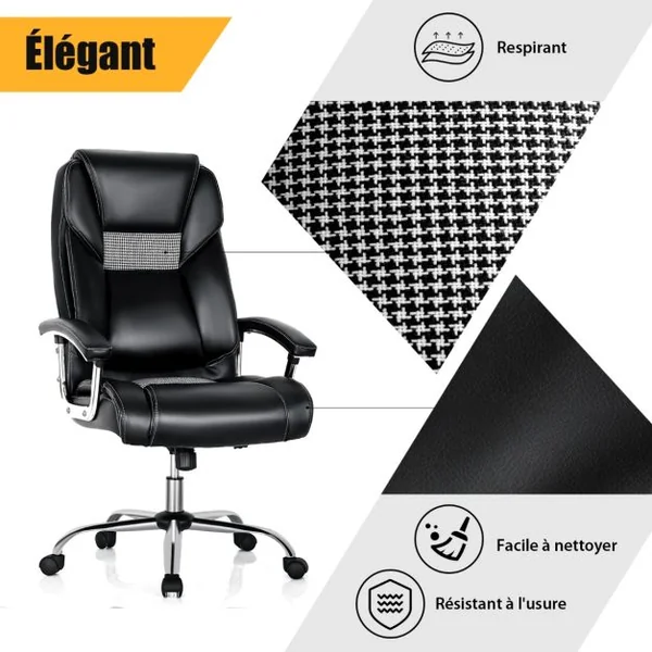 Fauteuilà Bascule Pivotante en Similicuir Ultra Souple Hauteur Réglable Base Galvanisée Robuste Noir