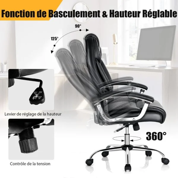 Fauteuilà Bascule Pivotante en Similicuir Ultra Souple Hauteur Réglable Base Galvanisée Robuste Noir