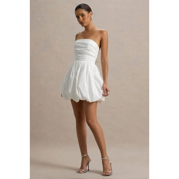 Faye | Mini-robe blanche bandeau à jupe boule avec détails froncés