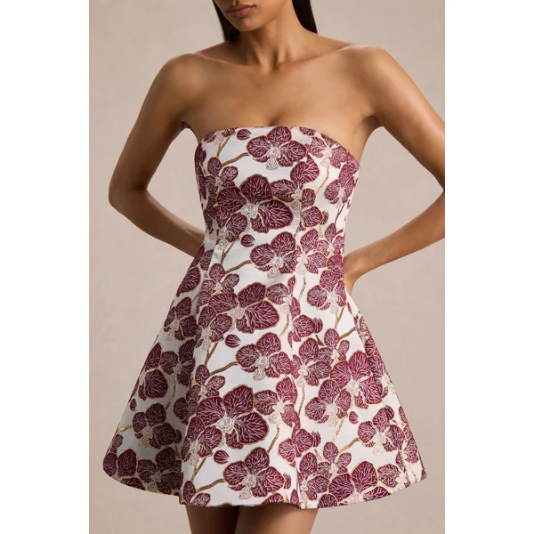 Federica | Mini-robe évasée bandeau en jacquard bordeaux et or