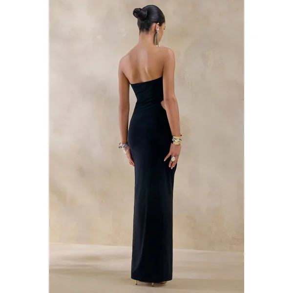 Feleicia | Robe longue noire à décolleté en cœur découpes et fente