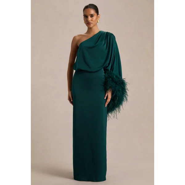 Felicity | Robe longue en satin sarcelle à encolure asymétrique avec finitions en plumes