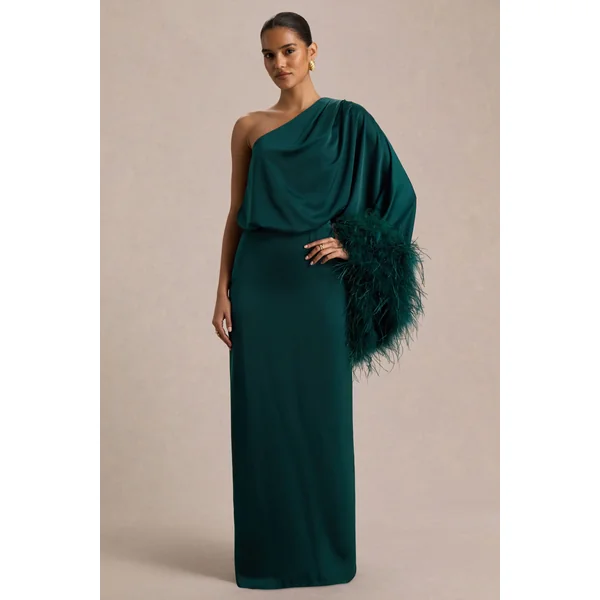 Felicity | Robe longue en satin sarcelle à encolure asymétrique avec finitions en plumes