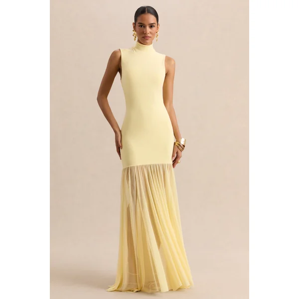 Felina | Robe longue citron à encolure montante avec jupe transparente