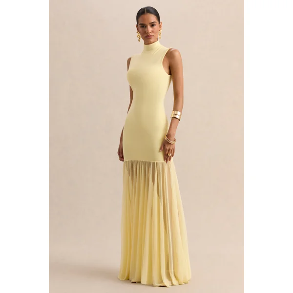 Felina | Robe longue citron à encolure montante avec jupe transparente