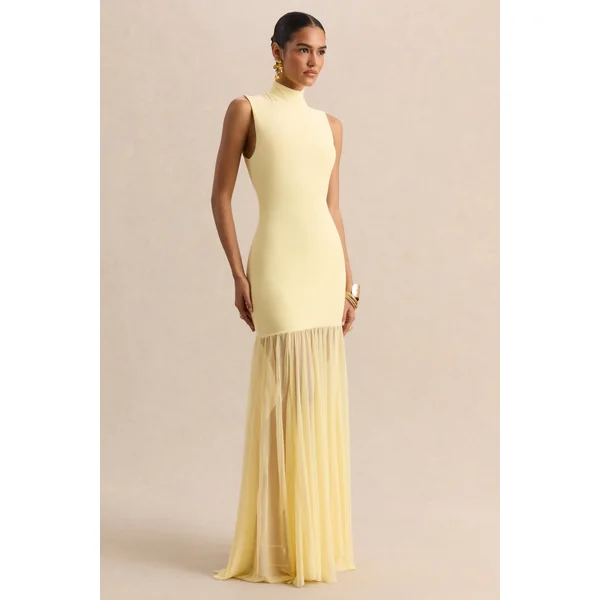 Felina | Robe longue citron à encolure montante avec jupe transparente