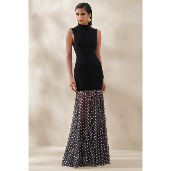 Felina | Robe longue noire à encolure haute avec jupe transparente