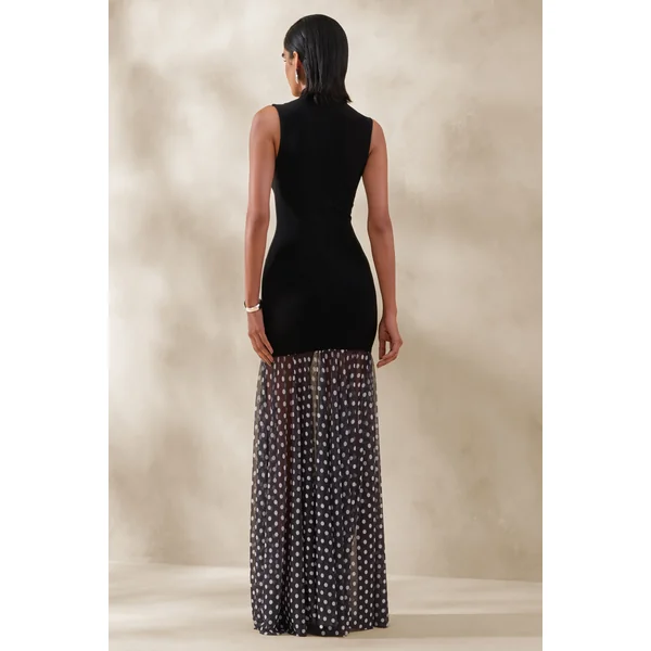 Felina | Robe longue noire à encolure haute avec jupe transparente