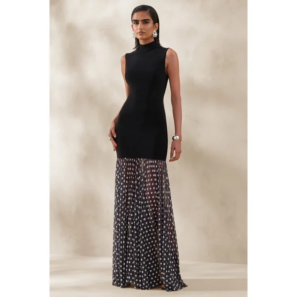 Felina | Robe longue noire à encolure haute avec jupe transparente
