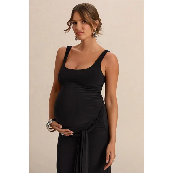 Felise | Robe longue de maternité noire à encolure arrondie avec détails froncés